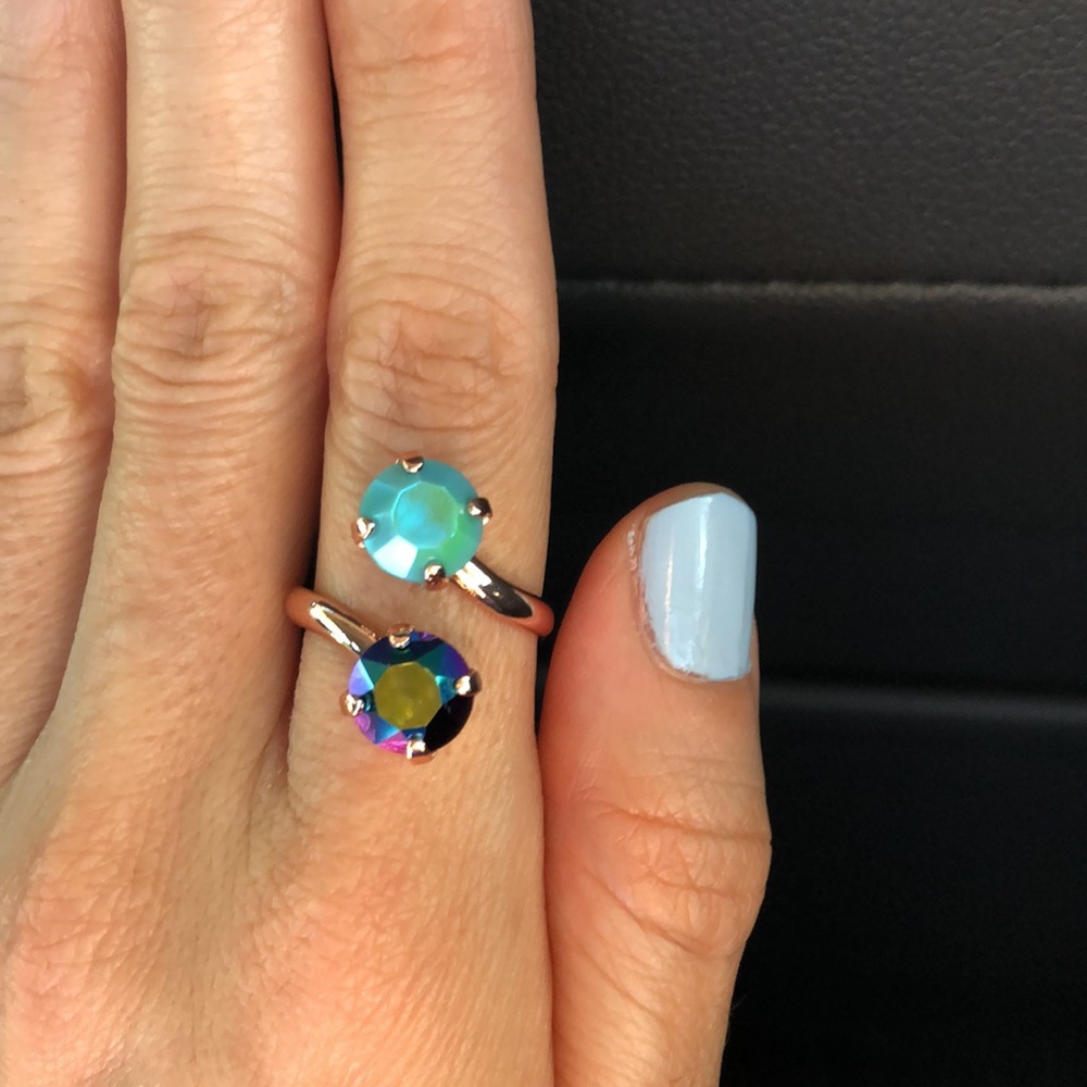Iridescent Turquoise + Peacock Fuchsia Teal Rose Gold Crystal Ring - Picture 6 of 15